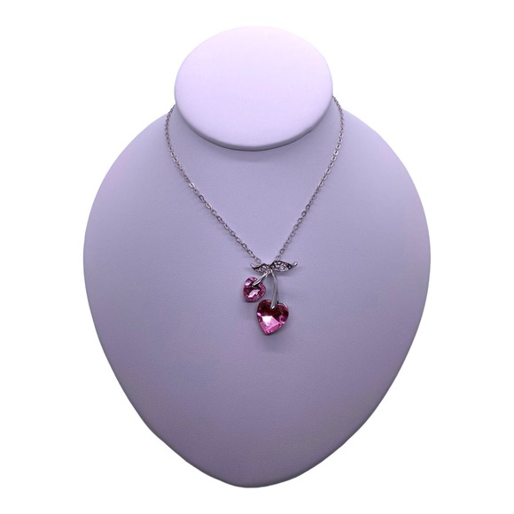 Imitation Pink Cubic Zirconia CZ Gemstone Cherry Cherries Heart Necklace - Picture 2 of 5